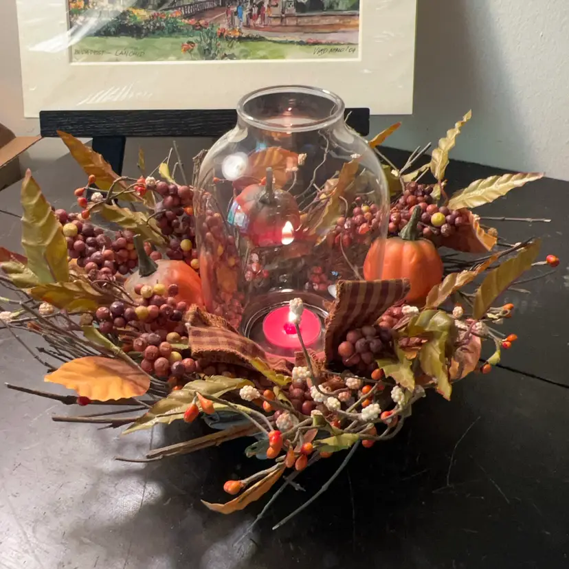 Vignette (Print Sold Separate) Fall Vibes Wreath/Candle -Ring, Glass Hurricane, Metal Base Votive Holder