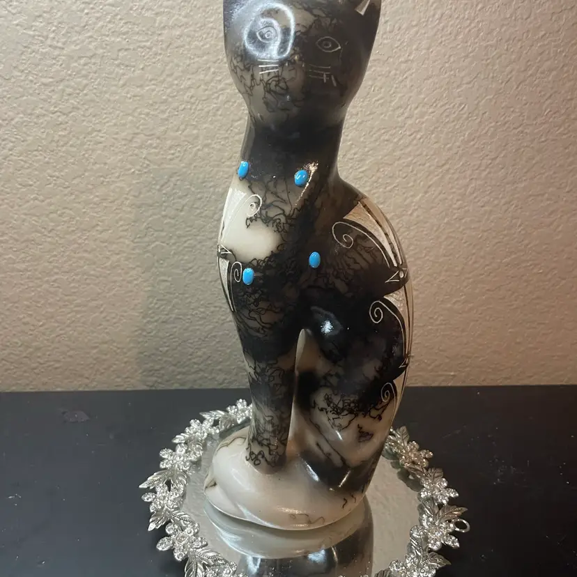 Gorgeous Signed 11” tall Horse Hair Raku Cat Figurine