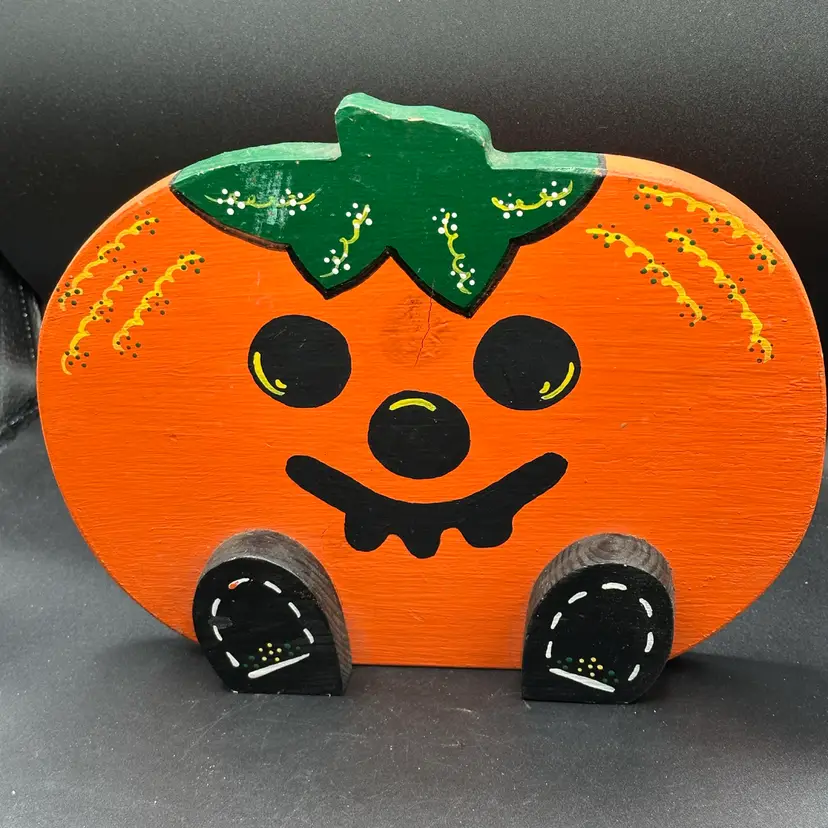 Vintage Wooden Hand Painted Pumpkin Halloween Hanging