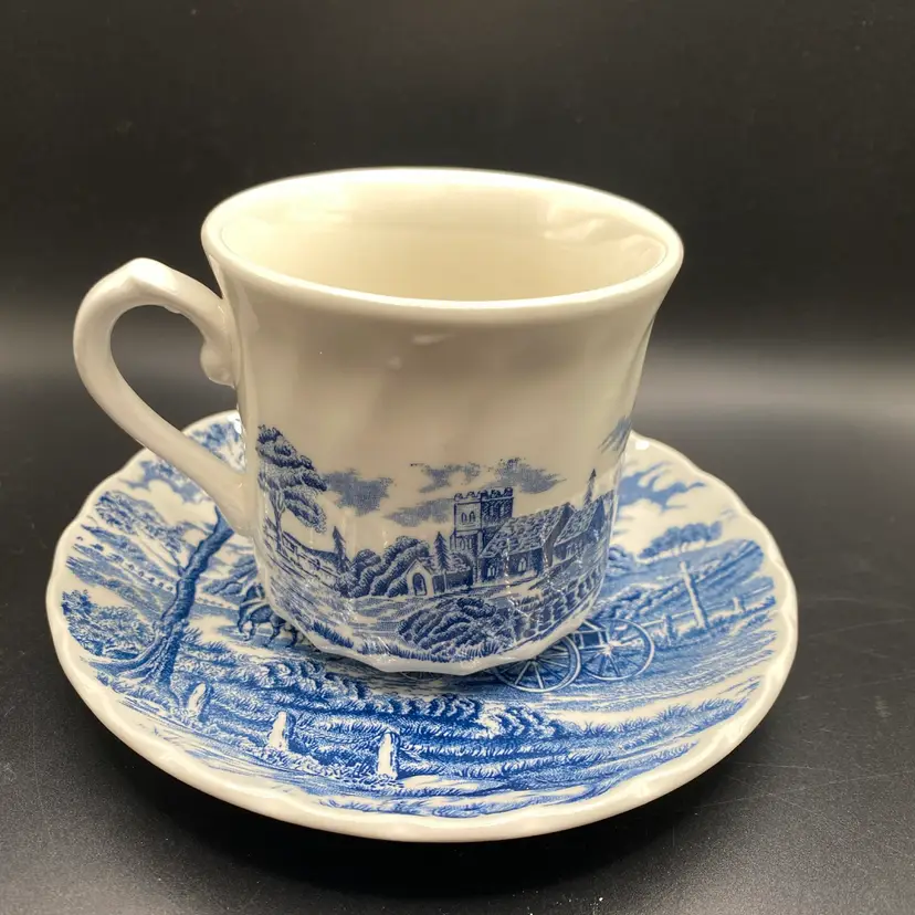 Vintage Royal Wessex Blue Coaching Scene Teacup and Saucer Set Made in England