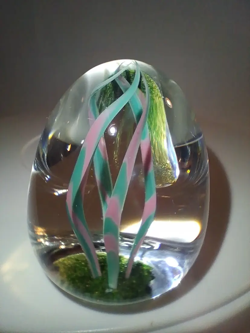 Vintage Peter Schiller, Signed Ovoid/Egg Green & Pink Paperweight