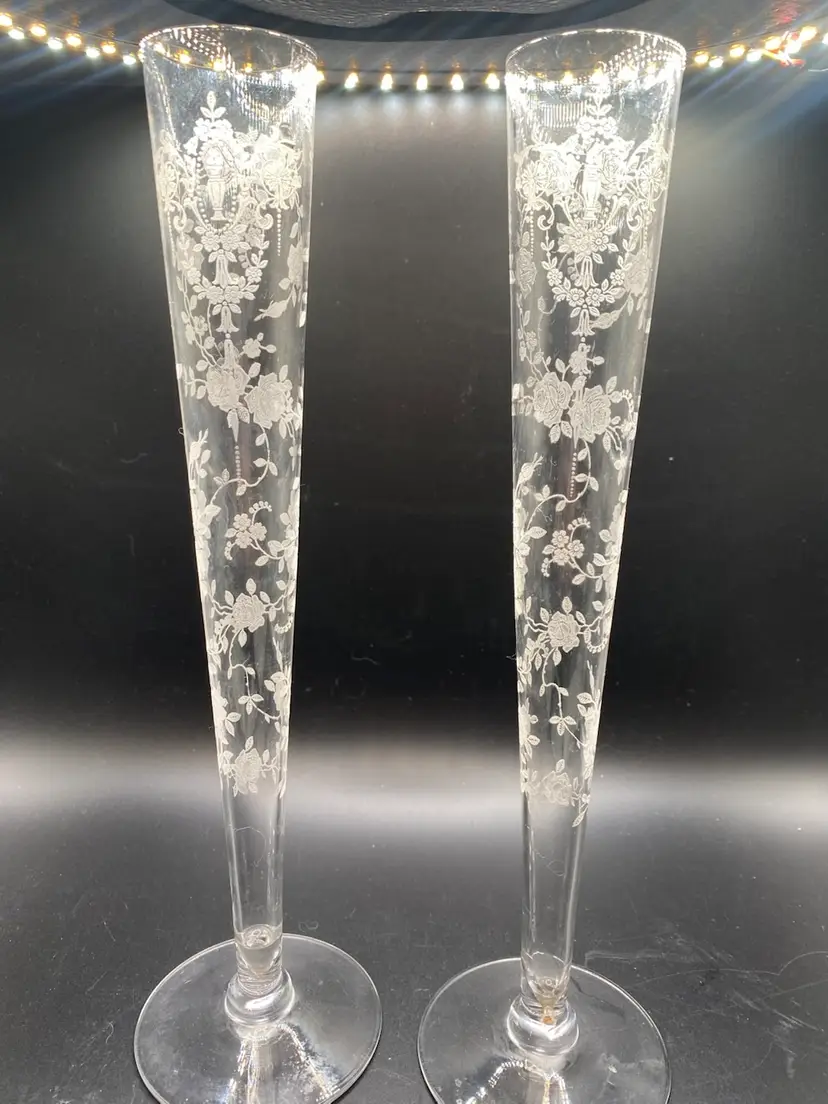Vintage Cambridge Chantilly Etched Glass 10" Footed Bud Vases - Pair MINT