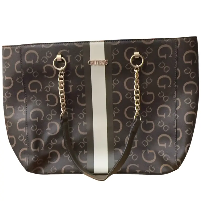 #06   Guess Zippered Brown Double Handled Tote Purse