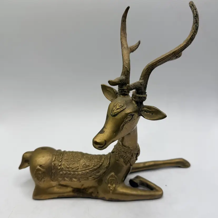 Vintage Heavy Brass Recumbent Sarried Design Deer Desk Ornament 1970's