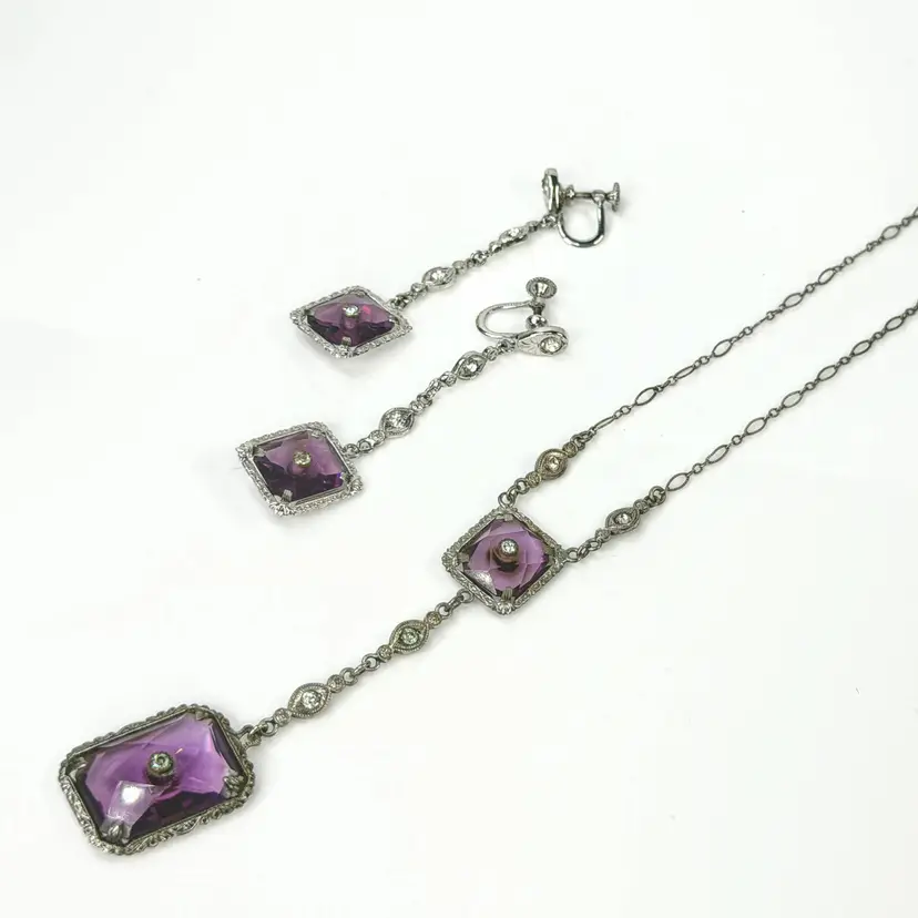 Antique Art Deco Sterling Silver Purple Glass Necklace & Earrings Parure JR2166