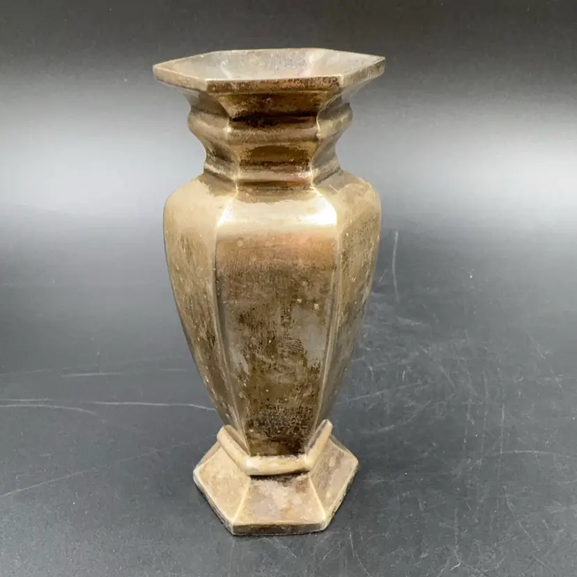 Vintage Pottery Barn Vase Pewter Finish Hexagon Shape
