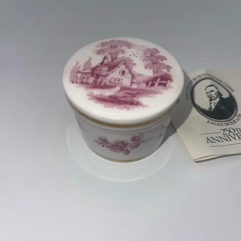 SPODE Trinket Box England Bone China White Pink COUNTRY SCENE 250th Ann
