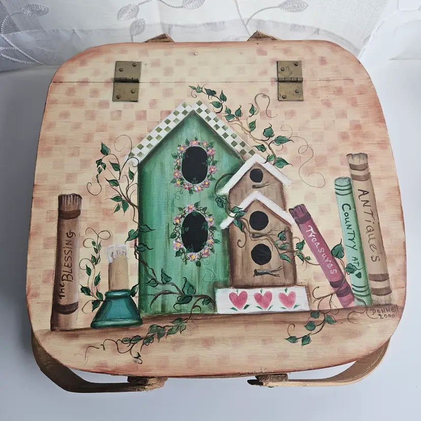 Vintage Picnic Basket Hand Painted Birdhouses Farmhouse Country Decor Signed