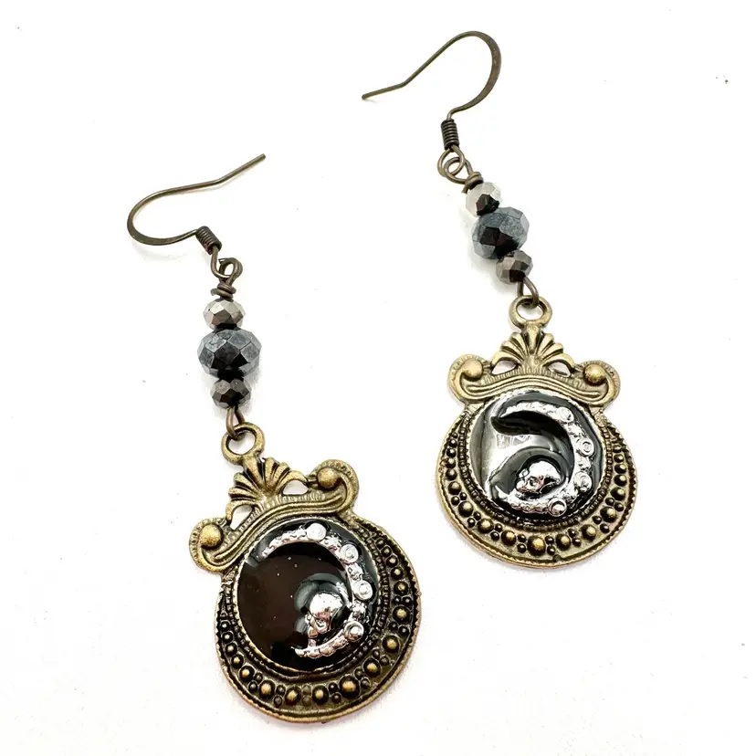 Moon Skull Earrings Made By Me Resin Mixed Metals Glass Beads 2”L X .5”W