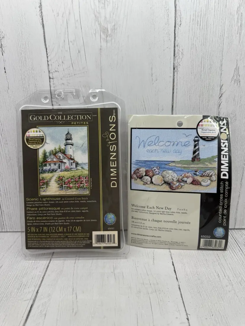 2 Cross Stitch Dimensions Gold Petites Scenic Lighthouse + Welcome Each New Day