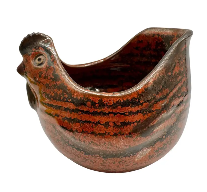 Signed Ellen Currans Oregon Art Pottery Chicken Rooster Bird Bowl Planter 3.5”