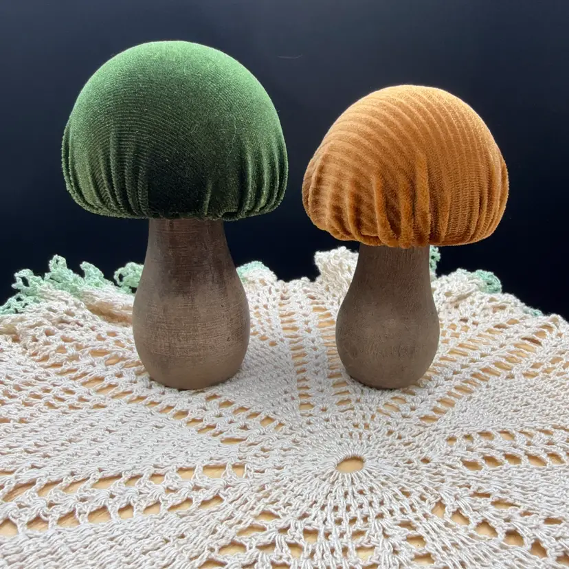 🐞 Whimsical Velvet and Corduroy Fabric Mushrooms on Wooden Stems 4” & 3”
