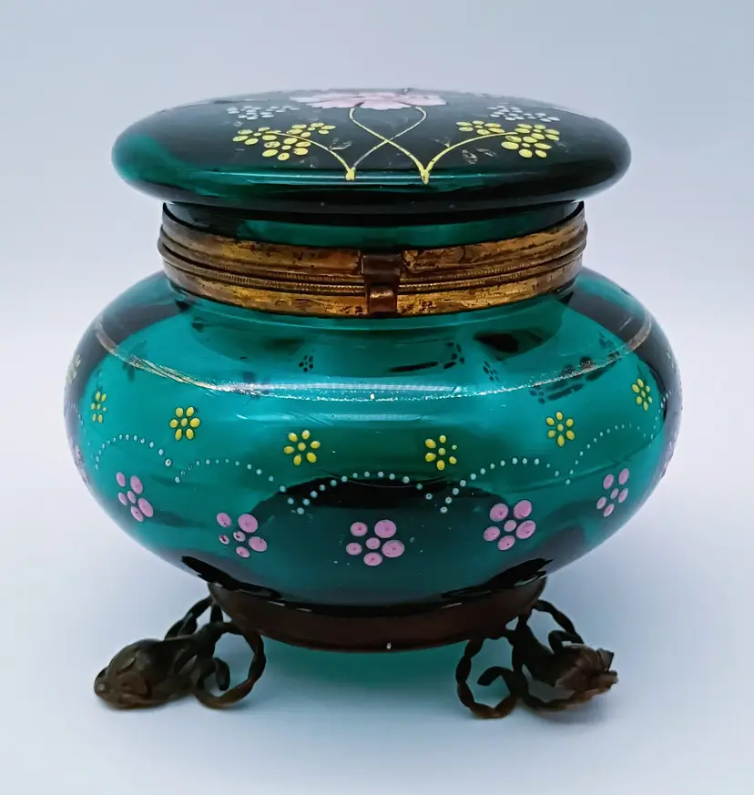 Antique Bohemian Moser Footed Jewelry Casket ~ Emerald Glass ~ Enamel Paint   $105  P $25
