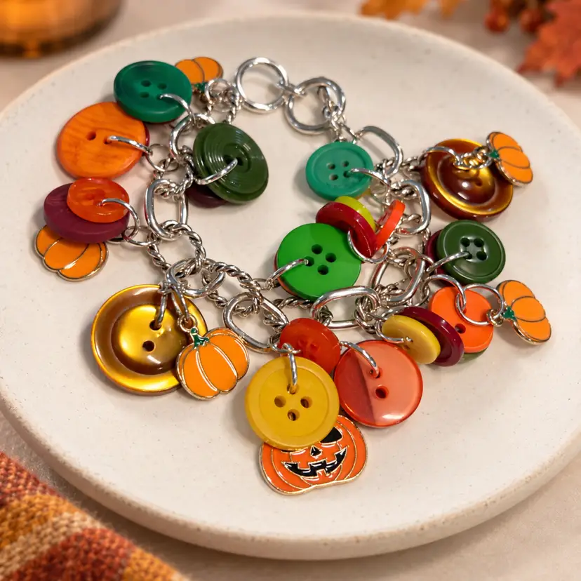 Handmade Fall Button Charm Bracelet with Pumpkin Charms, Orange Green and Gold Autumn Jewelry, Whimsical Thanksgiving Bracelet