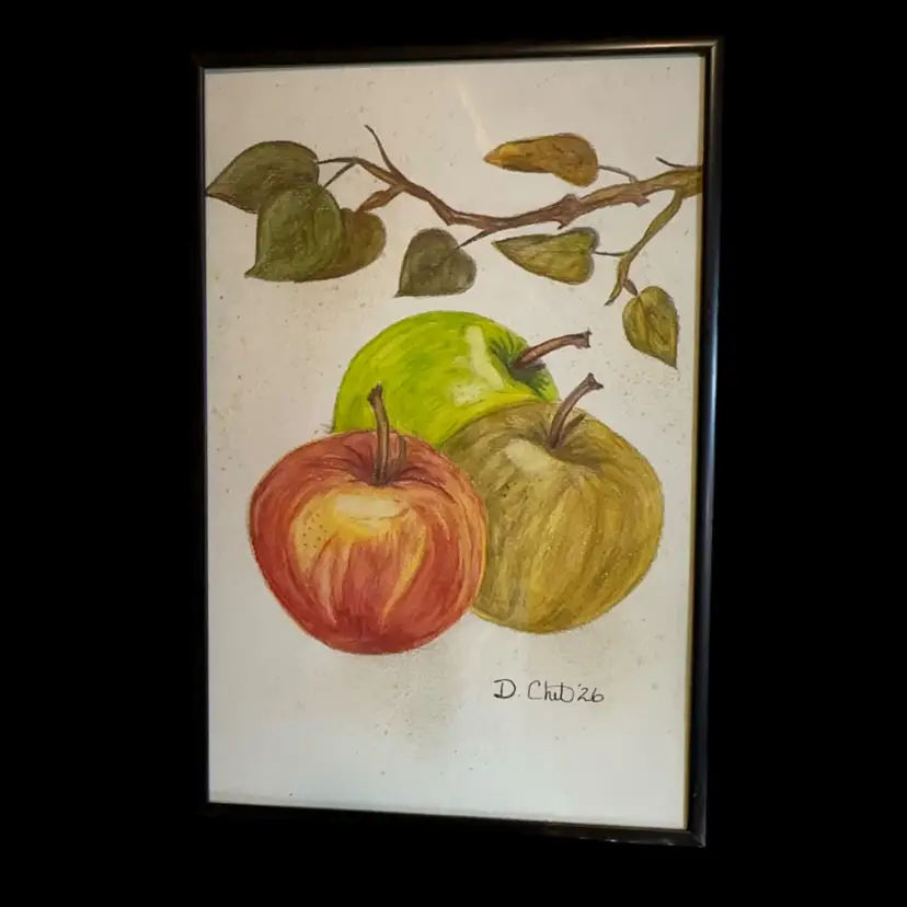 “Fall Apples”Fall Floral Theme 8 1/4” X 12”black Framed Original Watercolor Pencil Drawing