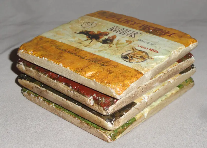 4 Stone Coasters ~ Cows “Dairy Fresh Milk”~ Primitive Farmhouse ~ 4 Colors