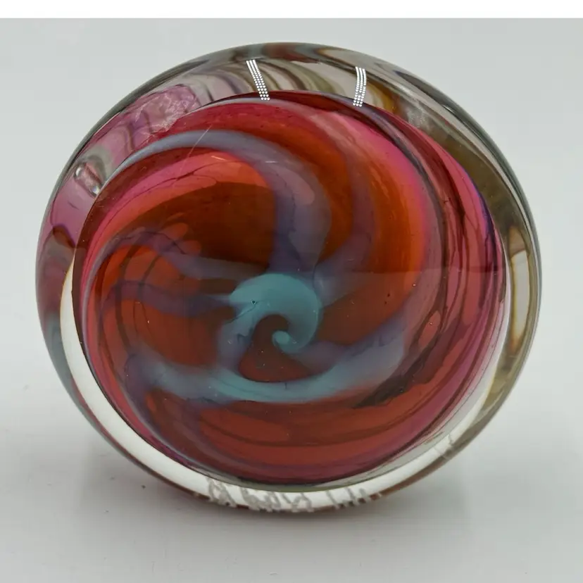 Hal David Berger Signed Art Glass Paperweight Vintage ‘94 Dual Flat Base Pink Red White Swirl