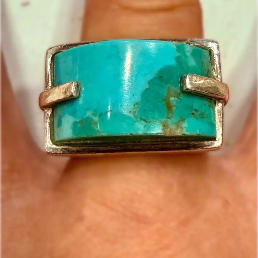 Vintage SX Sterling Silver Ring Natural Turquoise Thailand Modernist Ring Size 7, 11.8g