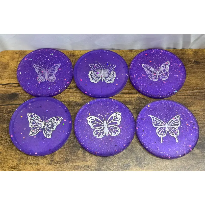 Set Of 6 Purple Butterfly Resin Coasters With Holder