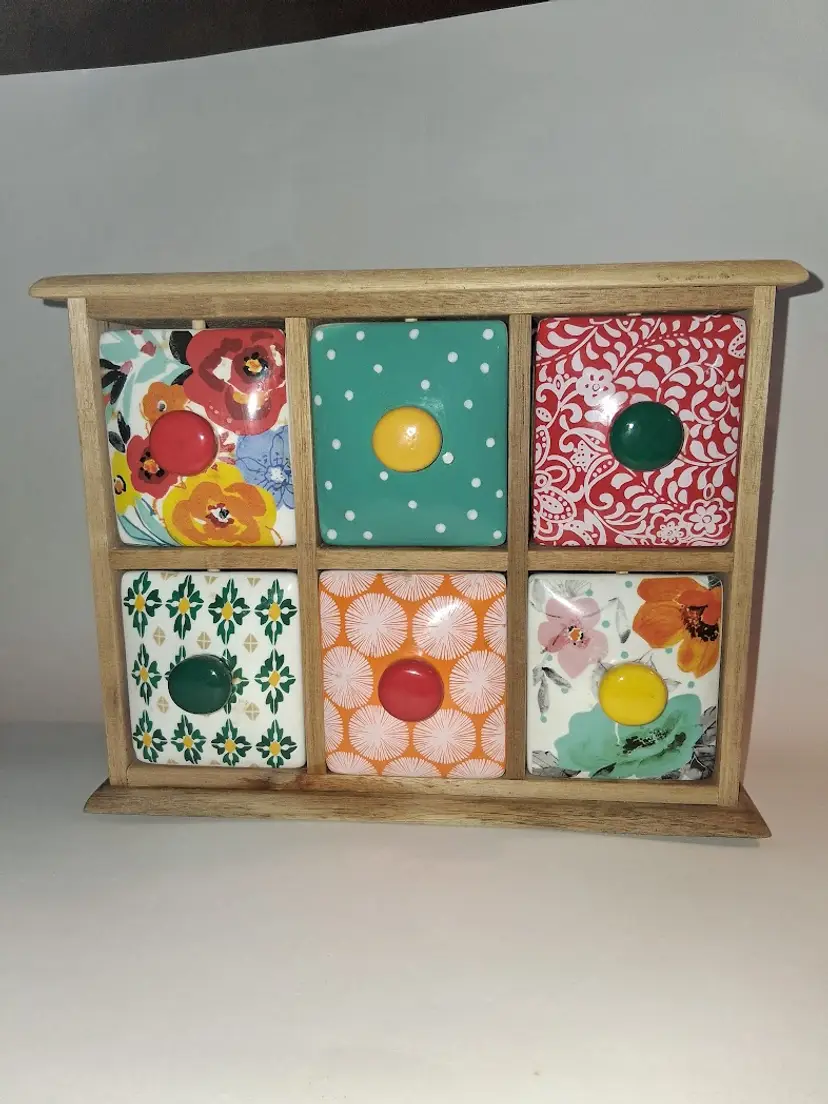 Pioneer Woman Spice & Tea Box Flea Market Floral 6 Drawer Acacia Wooded Frame