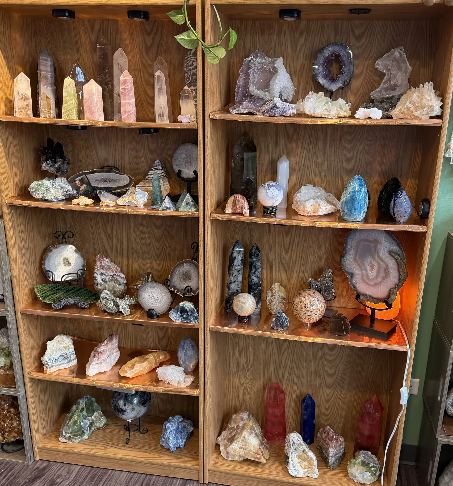 Amethyst geode clusters on shelf display