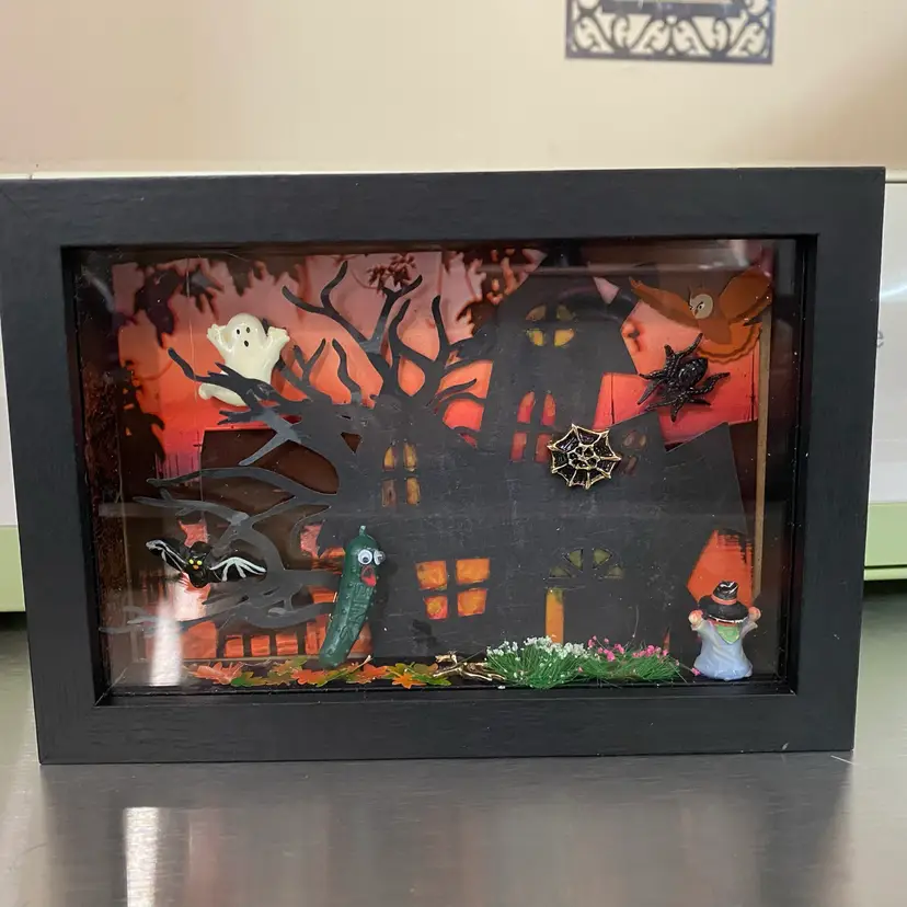 Night of The Living Pickle Haunted Diorama Featuring Heinz Pickle Pin & Postcard Background. 4”x6”