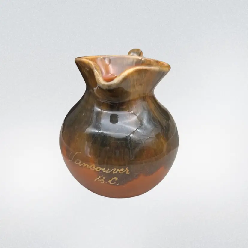#01 Vintage Vancouver B.C. Canada Souvenir Pottery Cream Pitcher Brown Drip Glaze 3” Made in Canada