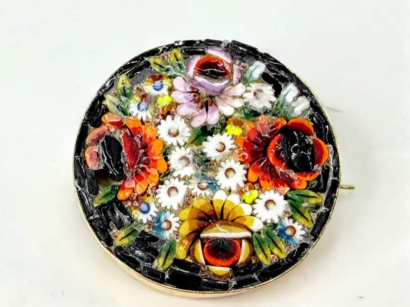 Antique Italian Floral Micromosaic Brooch Later 14K Gold Setting 8.3g JR2027
