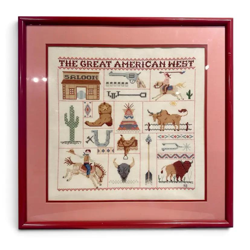 VTG Framed “The Great American West” Cross Stitch Sampler Art Handmade 23” x 23”