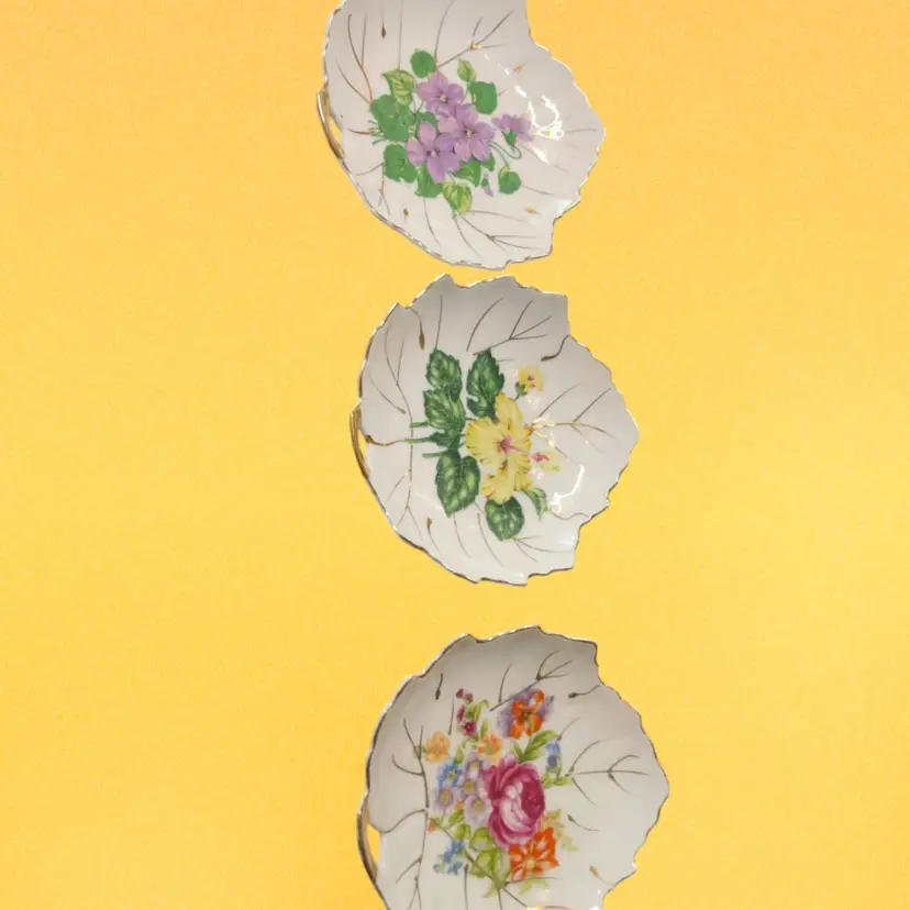 24. Nasco Japan Tea Bag / Trinket Plate/Tea Light Candle Set Of 3 Gold Trimmed Floral Leaf Shaped