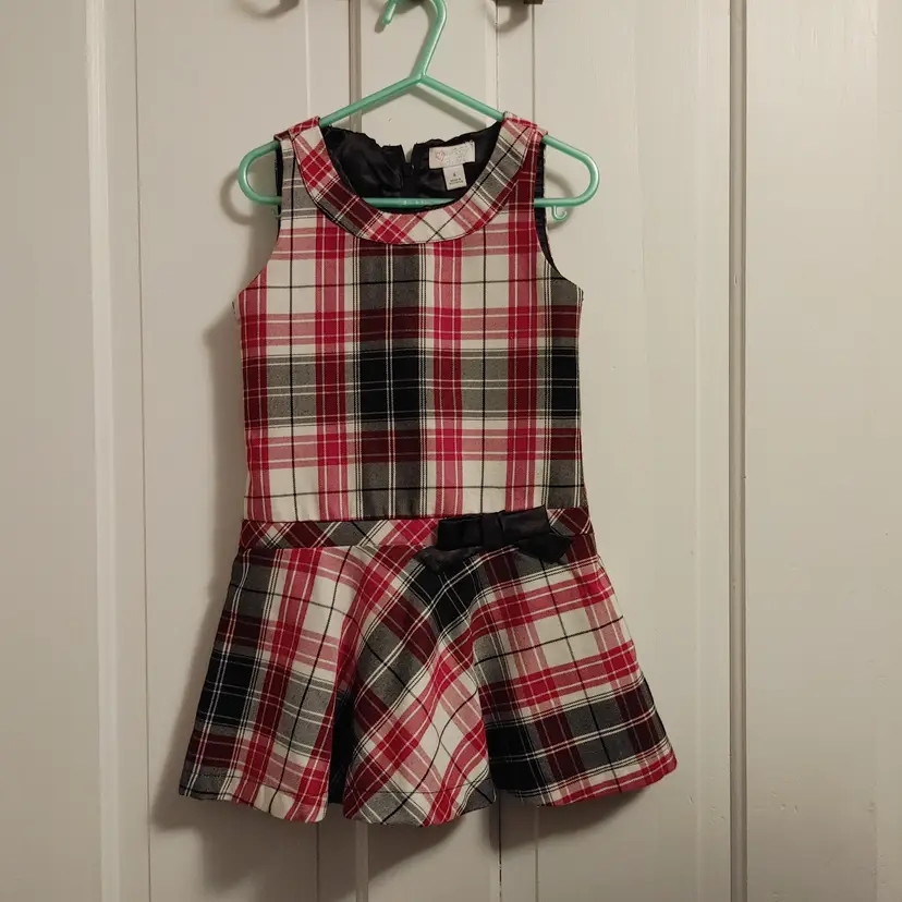 Kids- Brand: Est 1989 Place. Size 4. Plaid dress. Material- 65% polyester, 35% rayon. No callouts.