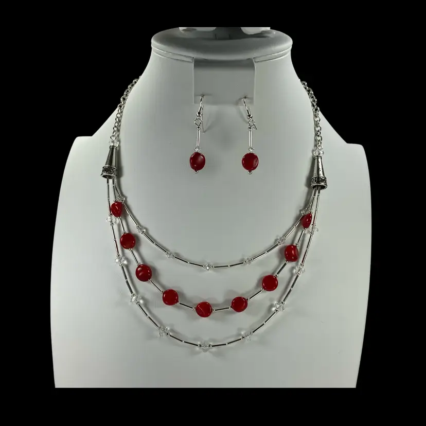 Avante Jewelry 3-Strand Necklace Earrings Liquid Silver Dyed Red Jade