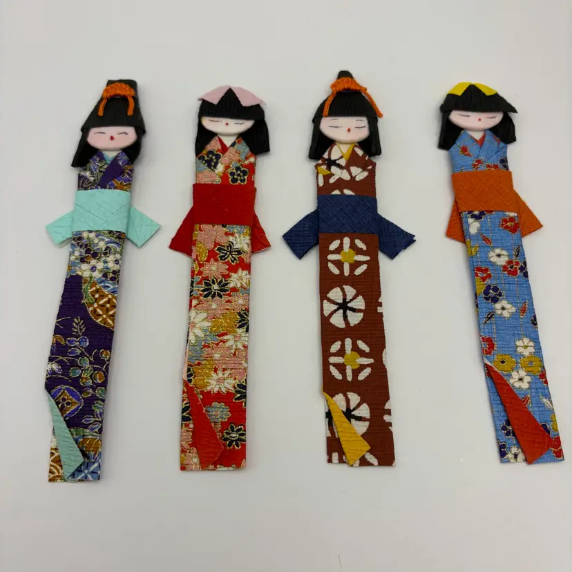 Vintage Japanese Geisha Kimono Folded Paper Origami Bookmark Doll. Colors & FUN!