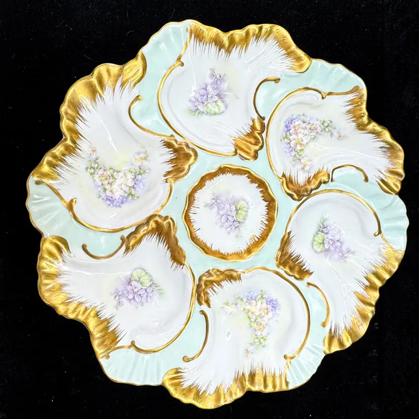 Antique Hand Painted Nippon Oyster Plate Floral Gold Gilt Porcelain 9" A1166