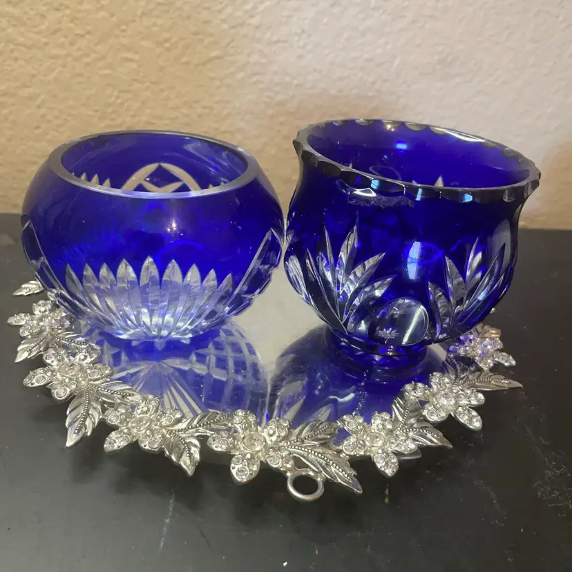 Pair of Gorgeous Cut To Clear Bohemian Czech Republic Cobalt Blue Crystal 4” Unmatched Votive Holders