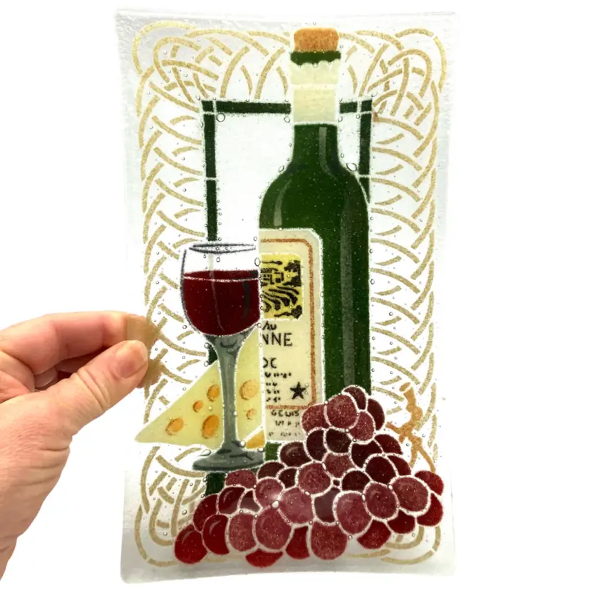 BIN - Vintage Peggy Karr 2004 Fused Glass “Wine” With Cheese and Grapes