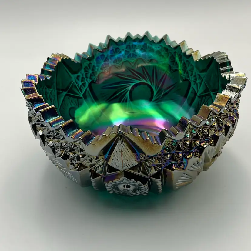 L.E. Smith Teal Green Carnival Glass Bowl