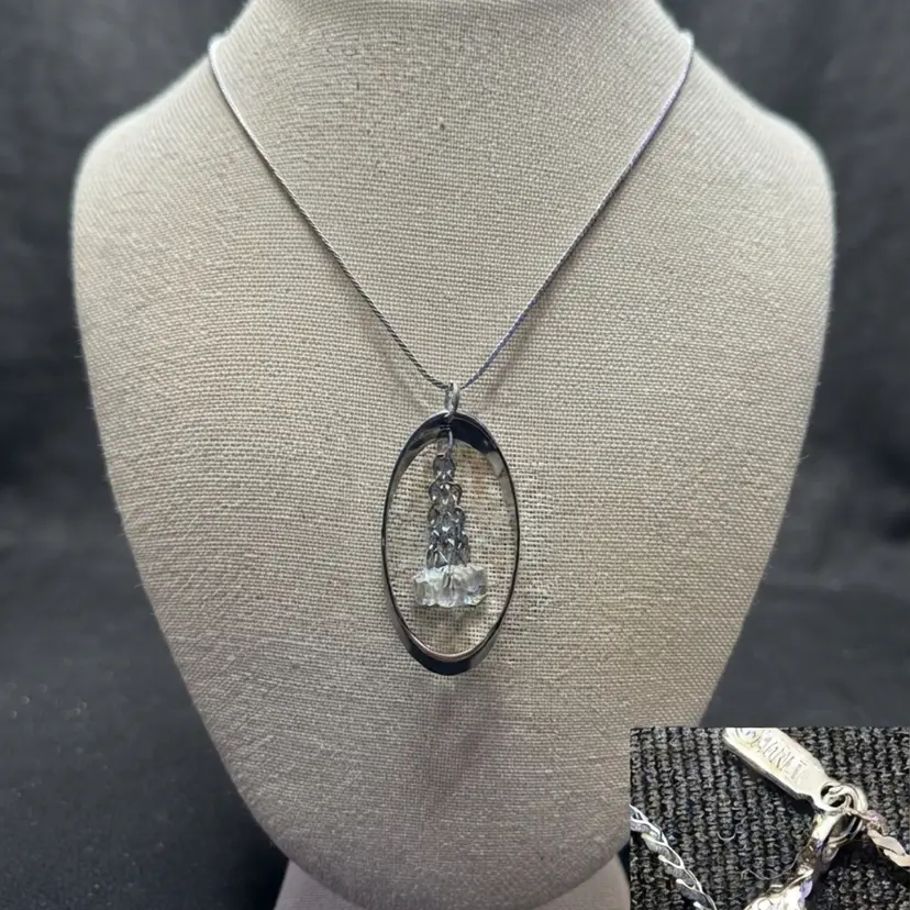 146. Signed Monet Silver-Tone Open Oval Faceted Crystal Drop Pendant Necklace