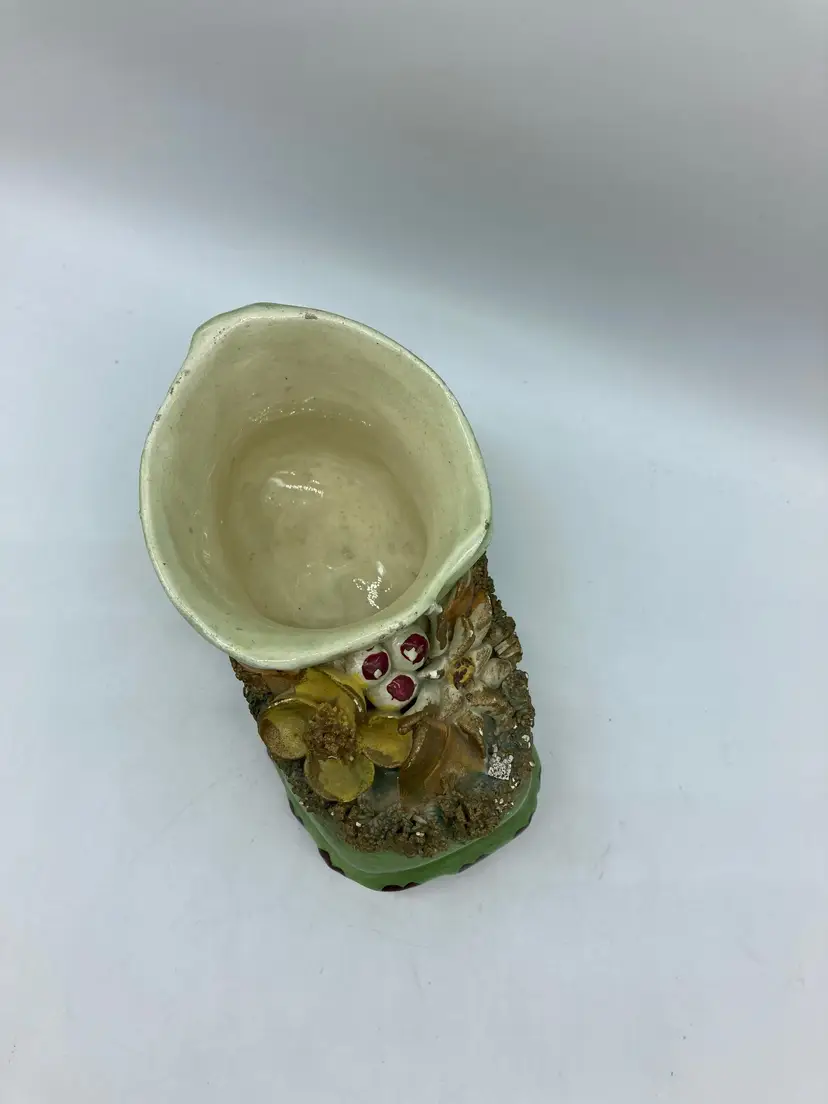 Vintage Italian Ceramic Boot Planter Vase Hand Painted Floral Flowers