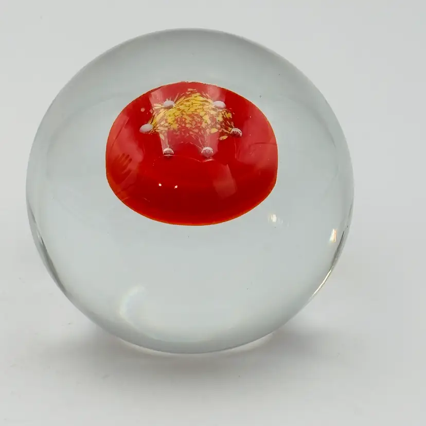Vintage Handblown Art Glass Paperweight  Clear Orb with Red Yellow  White Core