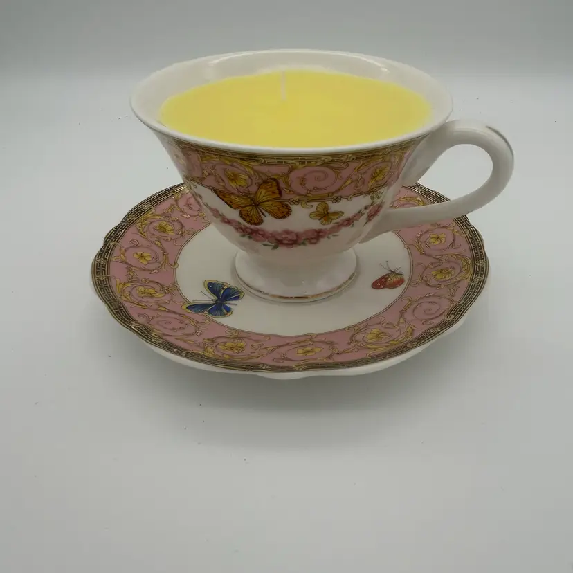 🌹Candle Using Grace's Teaware teacup and saucer, Pink Butterfly Pattern Two Available
