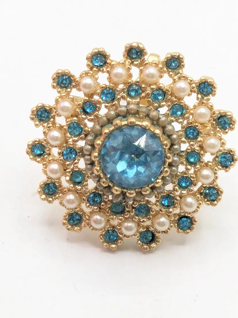 Vintage Gold Tone Blue Rhinestone Faux Pearl Brooch or Pendant
