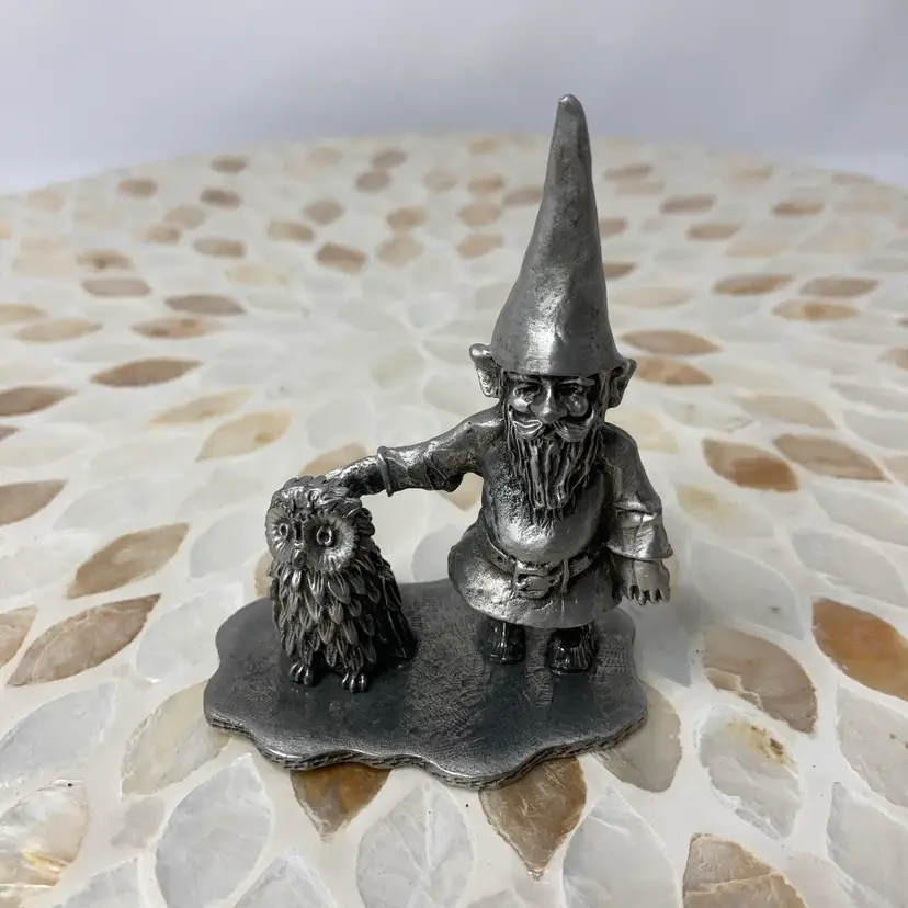 Gnome With Pet Owl Pewter Figurine! Stamped Hastings Pewter Co! 3 1/2” Tall x 2 1/2”!
