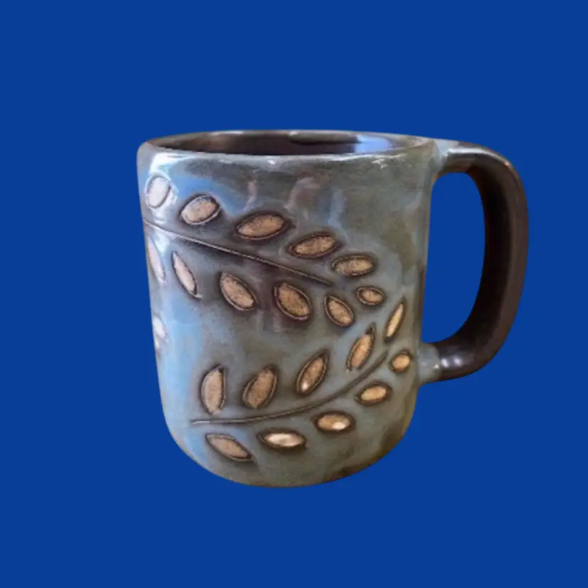 #092- Mara Stoneware Pottery Mug Sage Pattern Mexico Plant Leaf