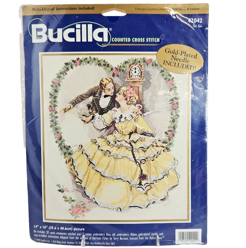 Vintage Bucilla Cross Stitch Kit "The Kiss" #42042 NIP 16 x 14 Retired Civil War Era Courting Couple