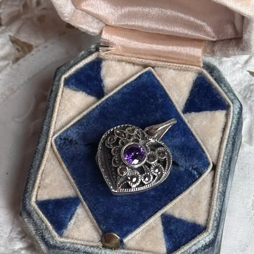 Sterling Silver Purple Cz & Marcasite Heart Locket