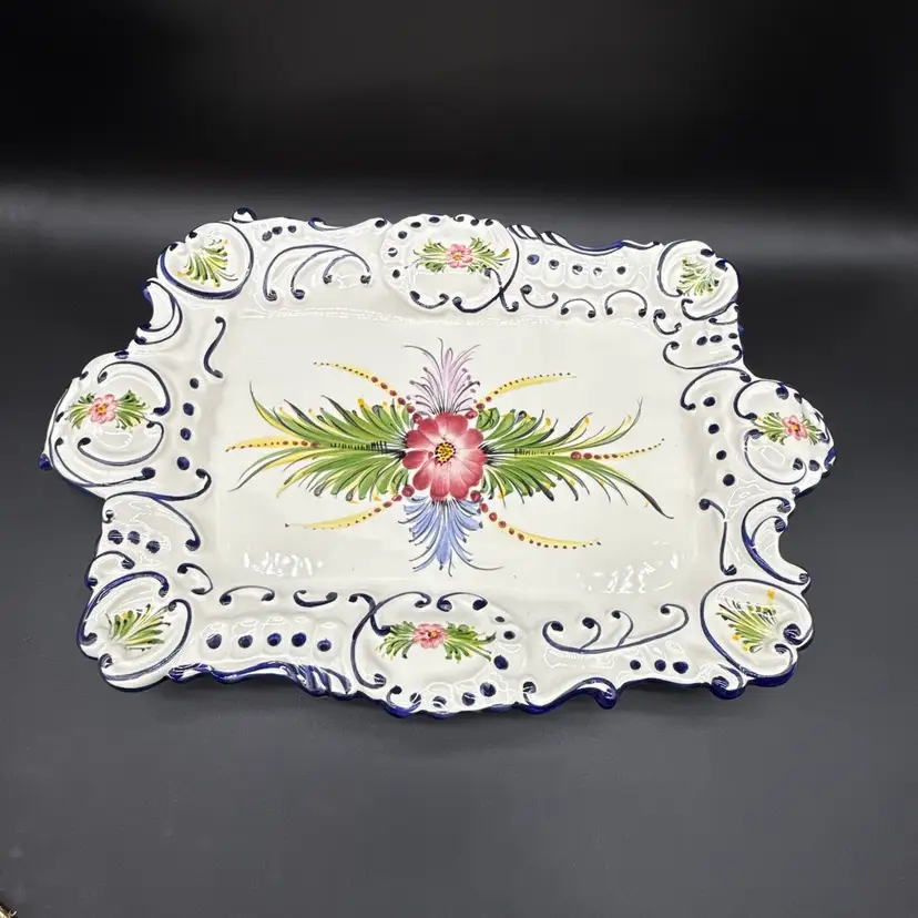 RCCL Portugal Hand Painted 20"x13" Handled Serving Platter Pink Florals Blue Trim