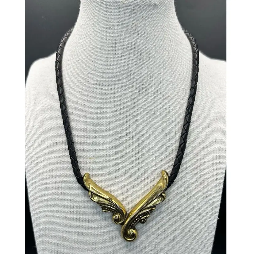 Brighton Gold-Tone Scroll Woven Black Leather Hook Closure Necklace
