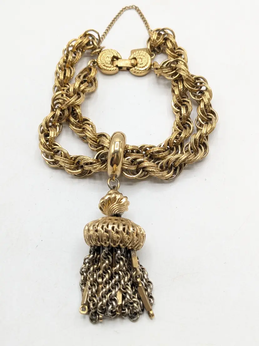 Vintage Monet Gold Tone Tassel Double Chain Bracelet