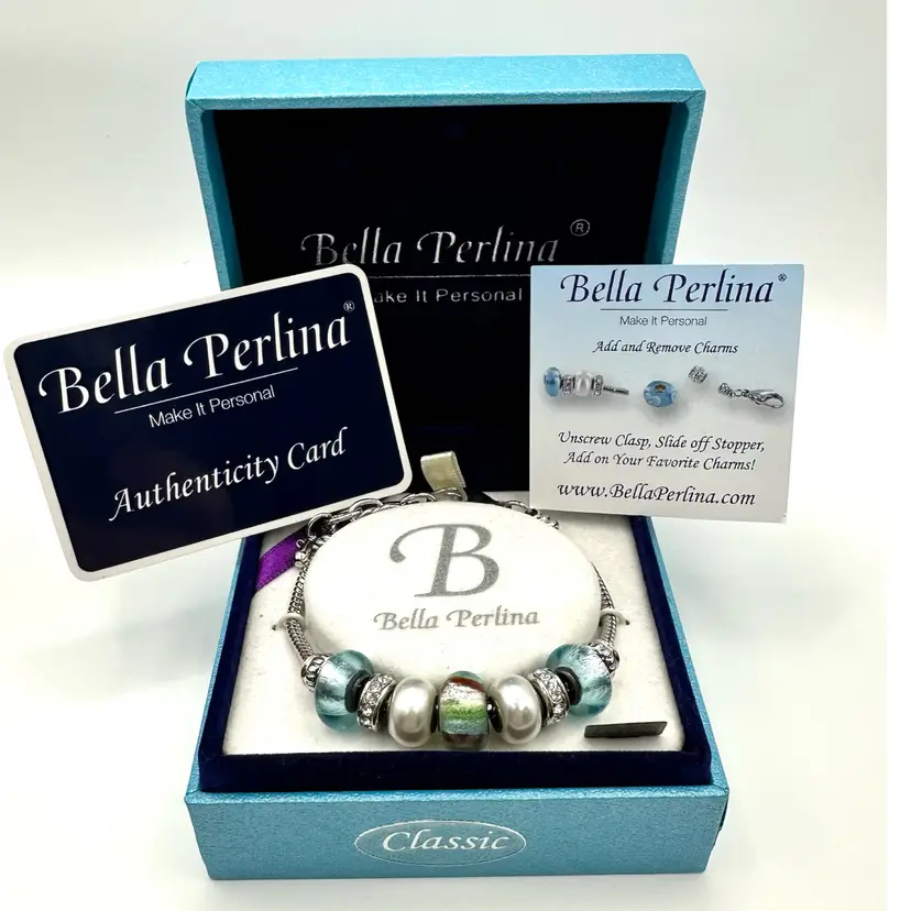 Bella Perlina Bead Bracelet -Silver Tone, Light Blue, White, Rhinestone